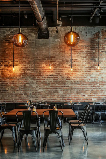 Industrial style restaurant with metal chairs